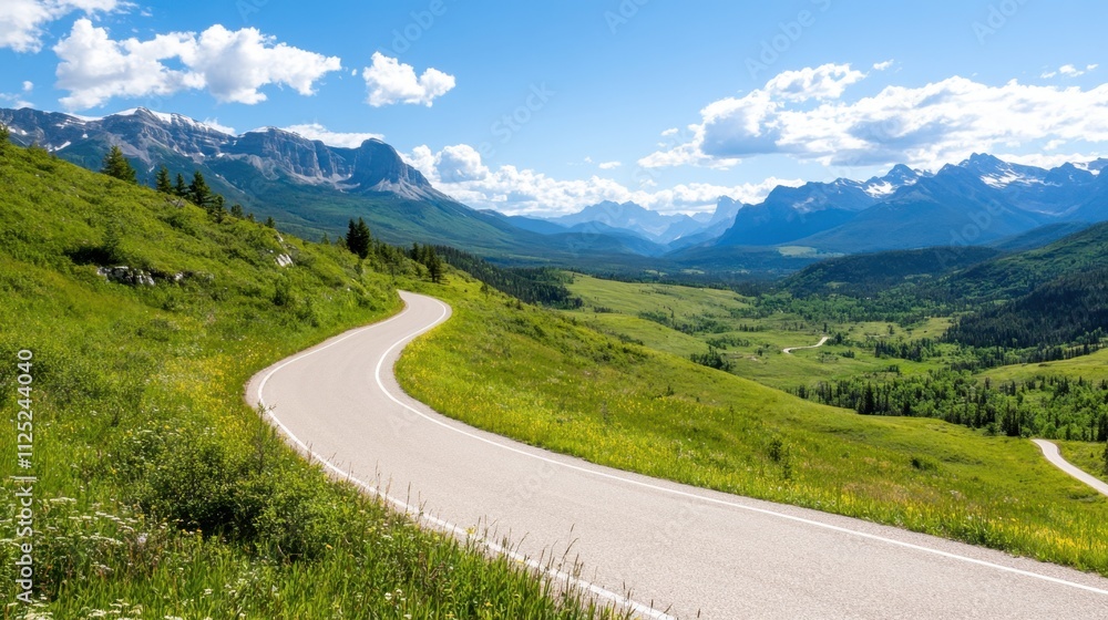 Beautiful winding road through a lush green valley with snow-capped mountains in the distance under a bright blue sky with fluffy white clouds Beautiful winding road through a lush green valley with snow-capped mountains in the distance under a bright blue sky with fluffy white clouds