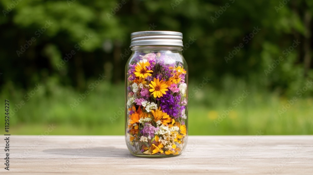 Mason jar filled with a colorful collection of dried flowers, sitting on a wooden surface with a blurred green background Mason jar filled with a colorful collection of dried flowers, sitting on a wooden surface with a blurred green background