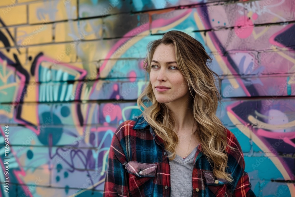Portrait of a satisfied caucasian woman in her 30s wearing a comfy flannel shirt isolated in vibrant graffiti wall Portrait of a satisfied caucasian woman in her 30s wearing a comfy flannel shirt isolated in vibrant graffiti wall