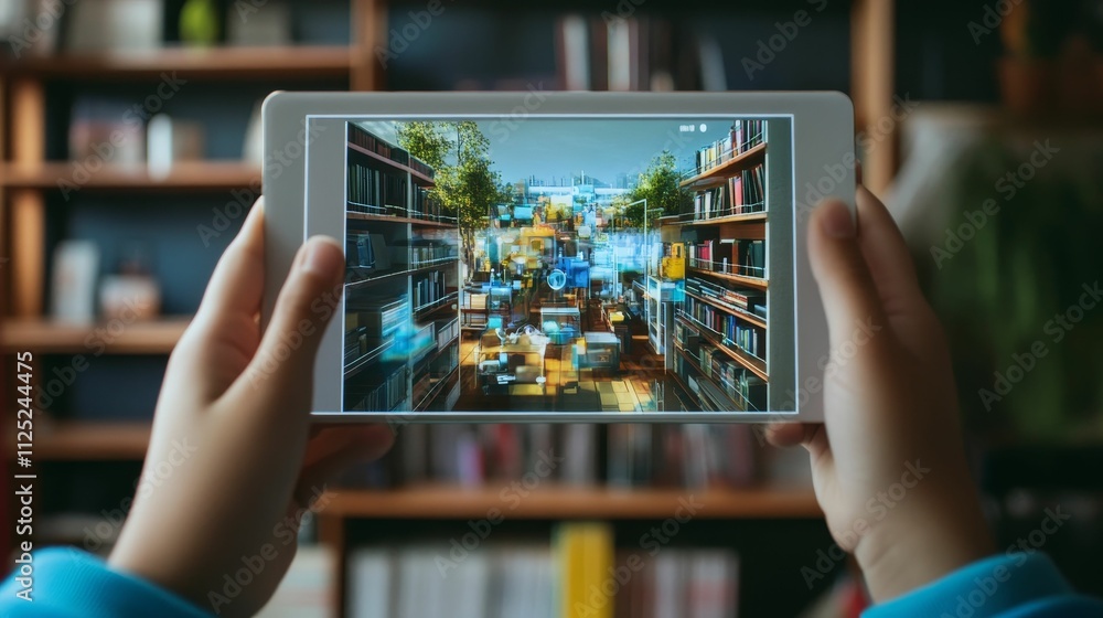 Tablet displays virtual library; hands hold device. Tablet displays virtual library; hands hold device.