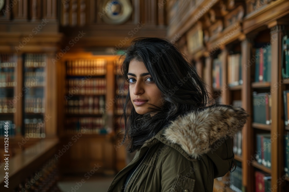 Portrait of a tender indian woman in her 30s wearing a warm parka isolated on classic library interior Portrait of a tender indian woman in her 30s wearing a warm parka isolated on classic library interior
