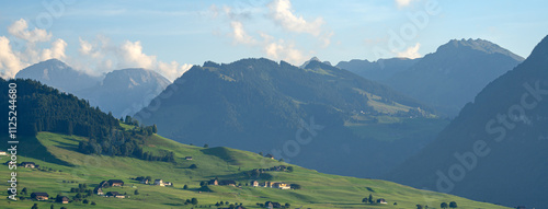 Mountains and tree background. Mountains landscape. Alpine meadows and beautiful mountains. Forest background. Green mountain landscape background. Panoramic view of mountain. Nature background.