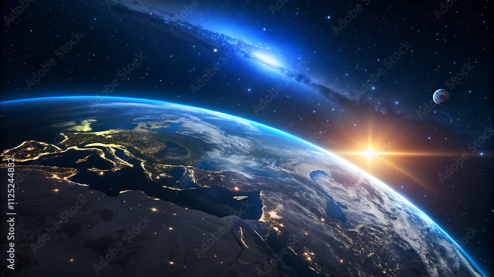 Fototapeta premium Earth from space, blue glow, sunrise over planet, starry background,