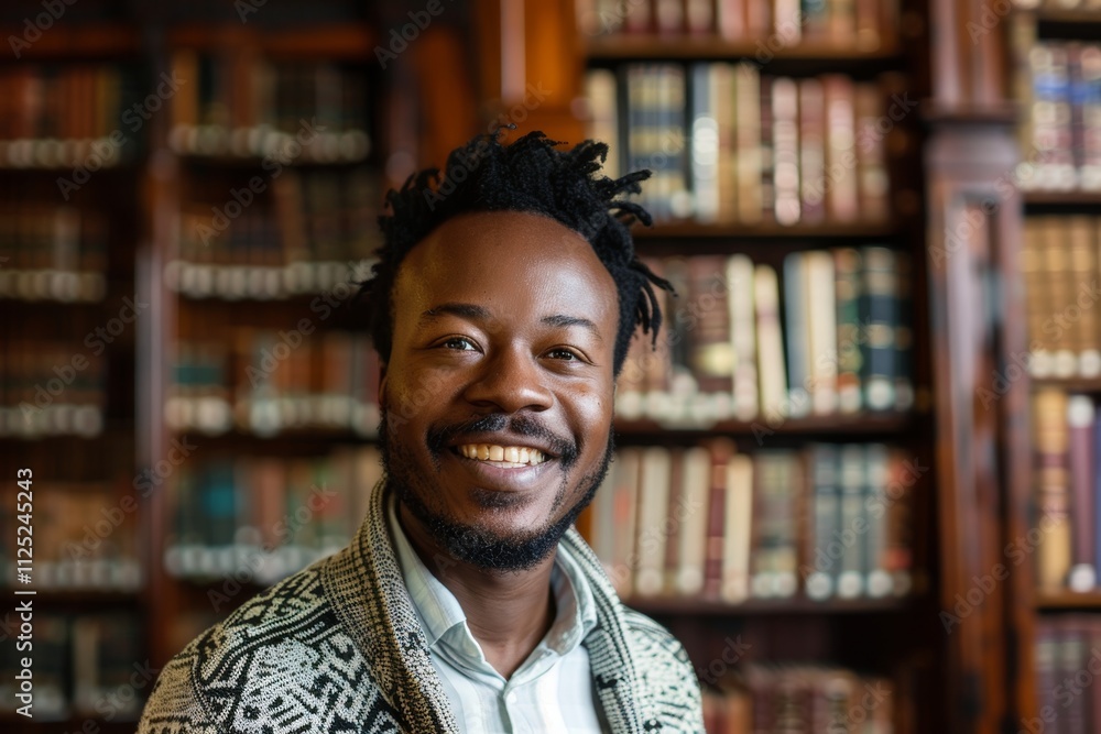Portrait of a grinning afro-american man in his 30s wearing a chic cardigan isolated in classic library interior Portrait of a grinning afro-american man in his 30s wearing a chic cardigan isolated in classic library interior