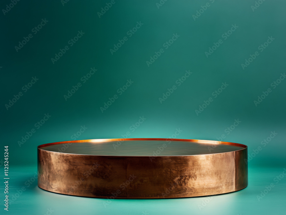 A circular copper plinth against a green background. Photorealistic A circular copper plinth against a green background. Photorealistic