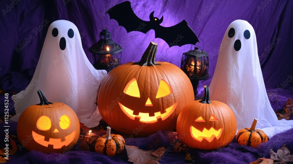 Halloween decorations like pumpkins, bats, and ghosts on a purple backdrop Halloween decorations like pumpkins, bats, and ghosts on a purple backdrop