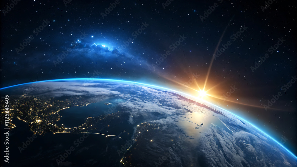 Obraz premium Earth from space, blue glow, sunrise over planet, starry background,