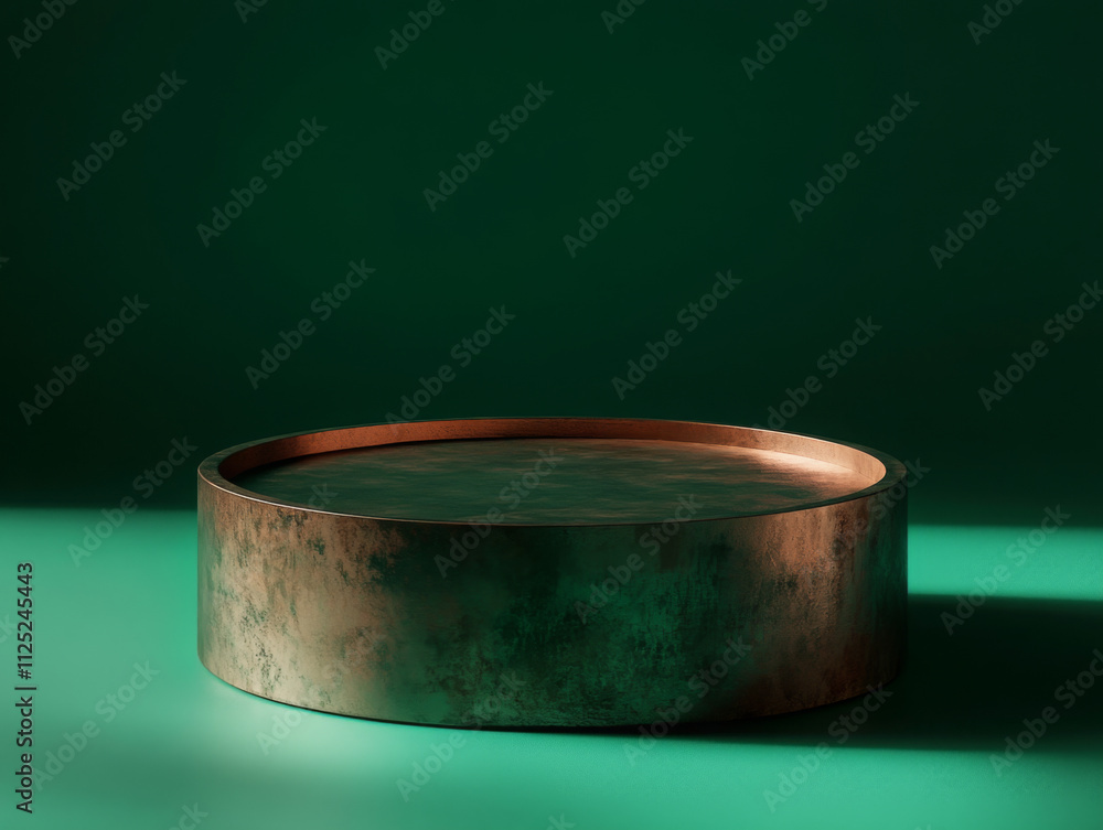 A circular copper plinth against a green background. Photorealistic A circular copper plinth against a green background. Photorealistic