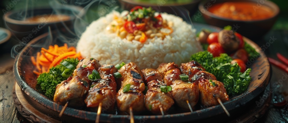 Delicious Asian Cuisine Grilled Chicken Satay with Rice Vegetables Delicious Asian Cuisine Grilled Chicken Satay with Rice Vegetables