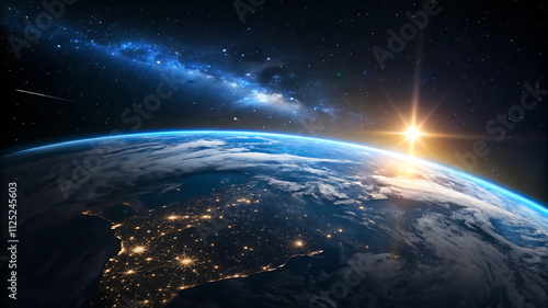 Fototapeta Naklejka Na Ścianę i Meble -  Earth from space, blue glow, sunrise over planet, starry background,
