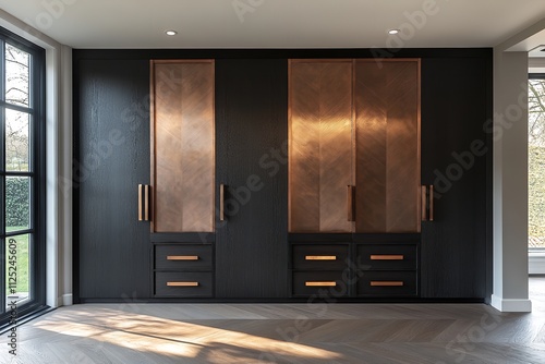 A contemporary wardrobe featuring black oak and brushed copper. Generative Ai
