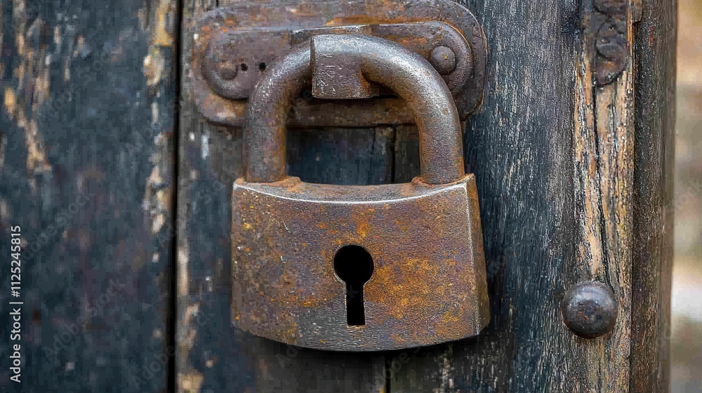 Close-up Image of a Rusty Padlock on a Wooden Gate Highlighting Security and Age Close-up Image of a Rusty Padlock on a Wooden Gate Highlighting Security and Age