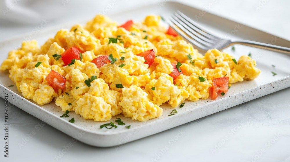 Fluffy scrambled eggs with diced tomatoes and parsley garnish, served on a square plate. Fluffy scrambled eggs with diced tomatoes and parsley garnish, served on a square plate.