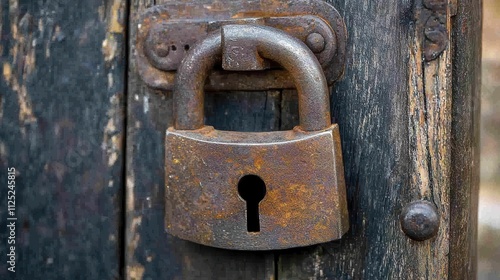 Close-up Image of a Rusty Padlock on a Wooden Gate Highlighting Security and Age