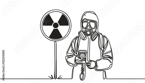 Illustration of a man in a protective suit with a dosimeter near a sign indicating radiation, isolated on a white background