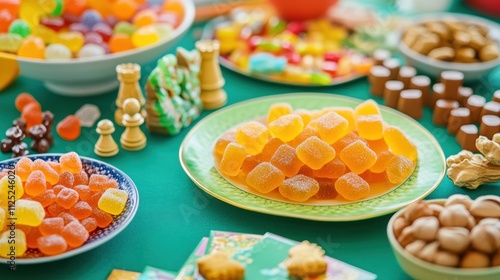 Assorted Colorful Candies and Treats on a Green Table photo