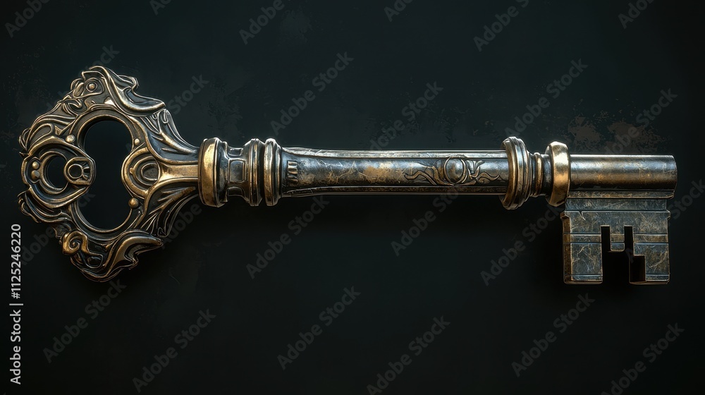 Detailed Antique Metal Key with Intricate Design and Texture on Dark Background Detailed Antique Metal Key with Intricate Design and Texture on Dark Background
