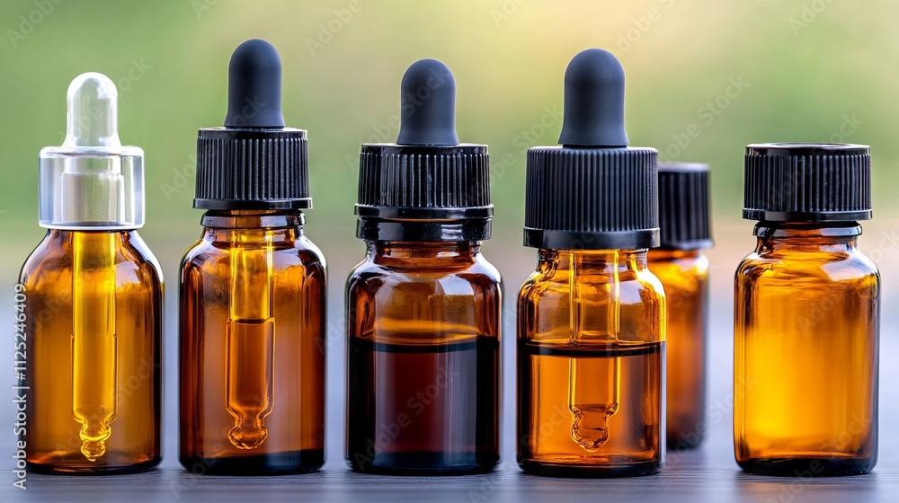 A row of amber glass bottles with droppers on a table A row of amber glass bottles with droppers on a table