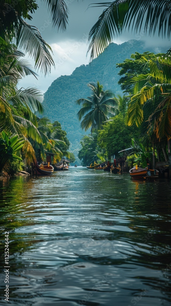 Fototapeta premium Scenic Mekong River Cruise Tropical Landscape Boats Lush Green Foliage Mountains