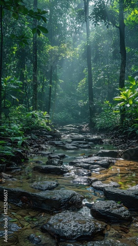 Tranquil Rainforest Stream Lush Green Canopy Sunlit Water Rock Path