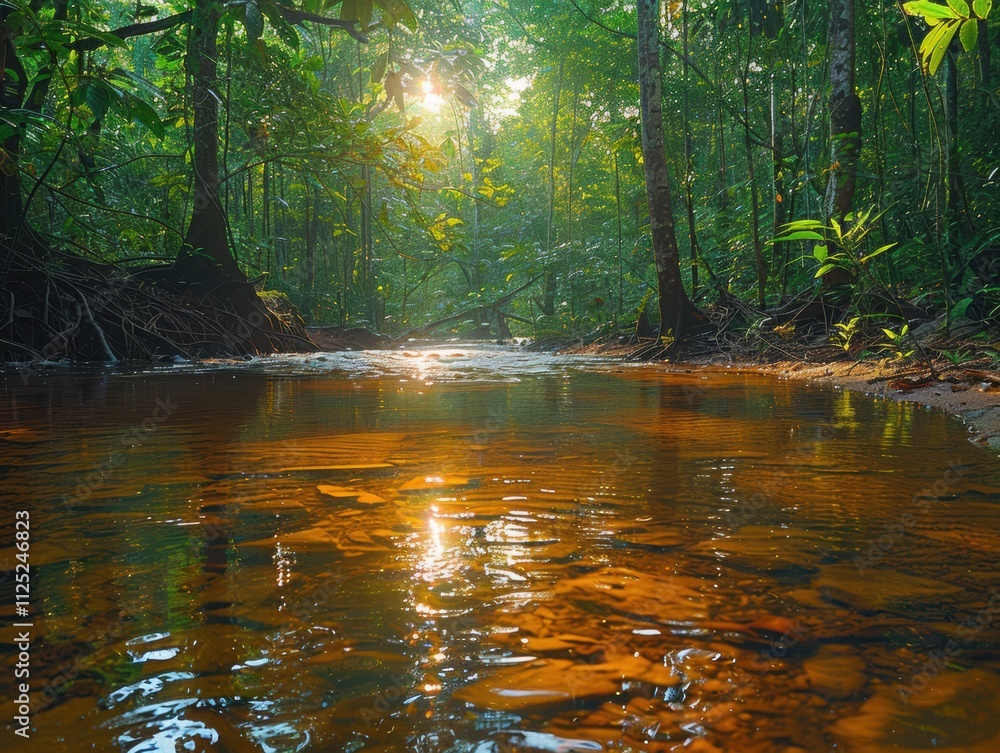 Serene Rainforest River Lush Green Canopy Sunlight Tranquil Water Serene Rainforest River Lush Green Canopy Sunlight Tranquil Water