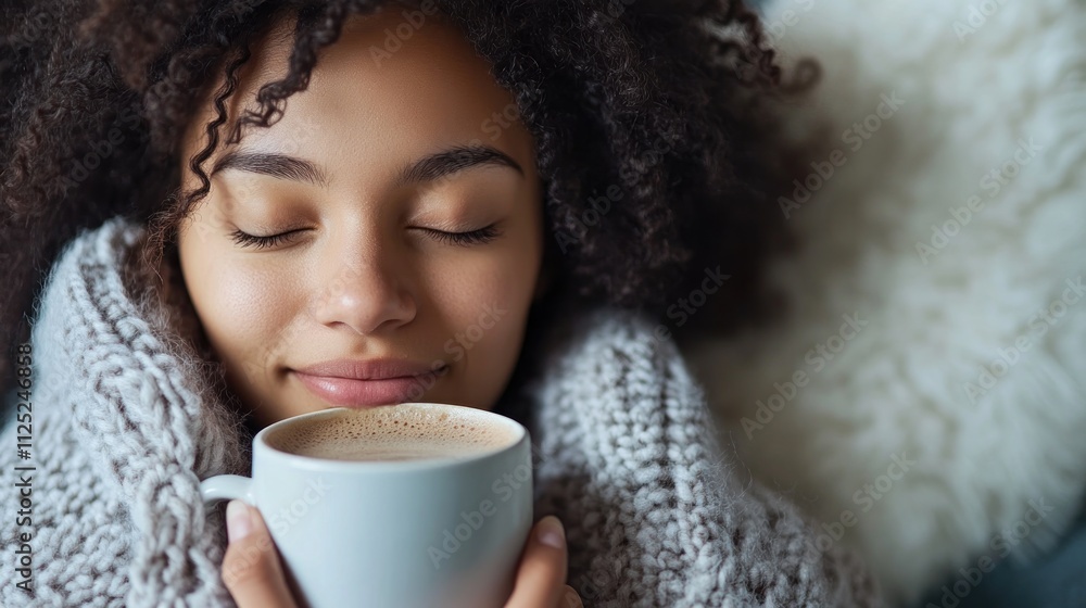 Woman Enjoys Warm Drink Under Cozy Blanket Woman Enjoys Warm Drink Under Cozy Blanket