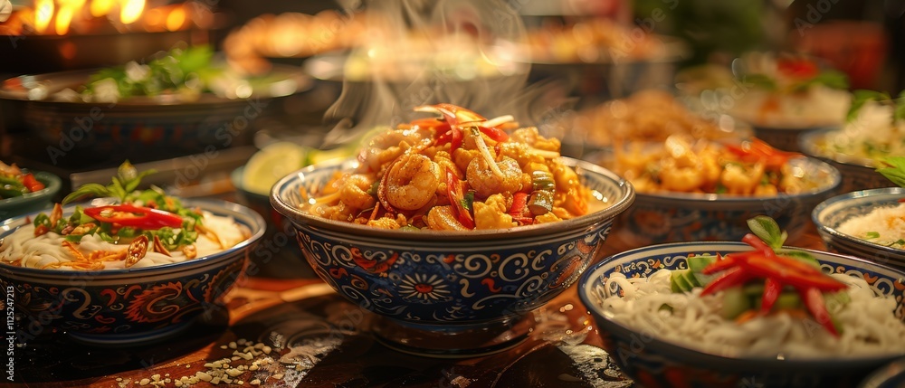 Obraz premium Delicious Cambodian Cuisine Amok Lok Lak and Rice Noodles