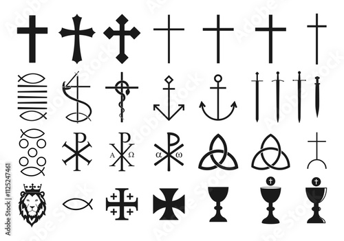 Christianity vector symbol set. Cross crusifix. Nehushtan bronze snake. Bread miracle. Ichthys and trinity sign. Lion of judah logo. Chi rho sign. Anchor and communion chalice cup symbol