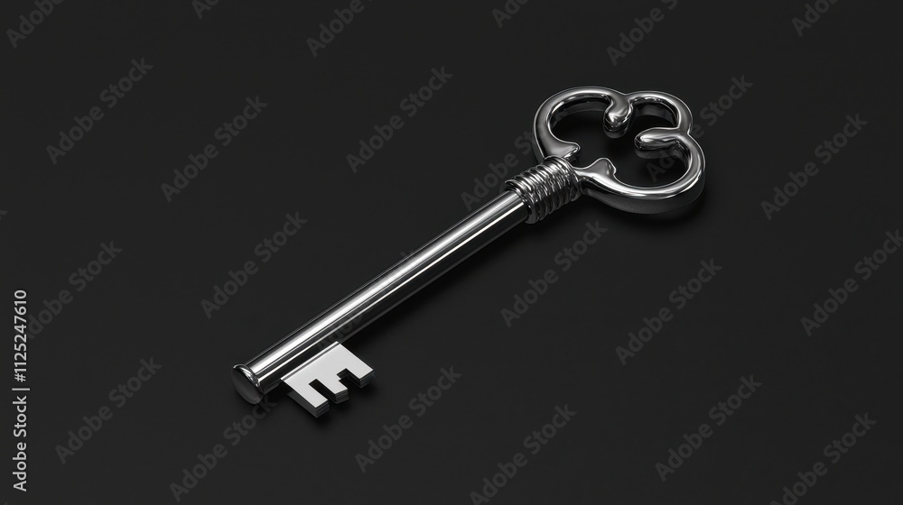 Shiny Silver Key Placed on a Smooth Dark Surface Representing Concepts of Unlocking and Potential Shiny Silver Key Placed on a Smooth Dark Surface Representing Concepts of Unlocking and Potential