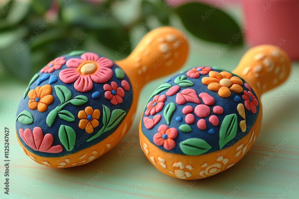Fototapeta premium Colorful decorative maracas adorned with floral patterns, showcasing craftsmanship.