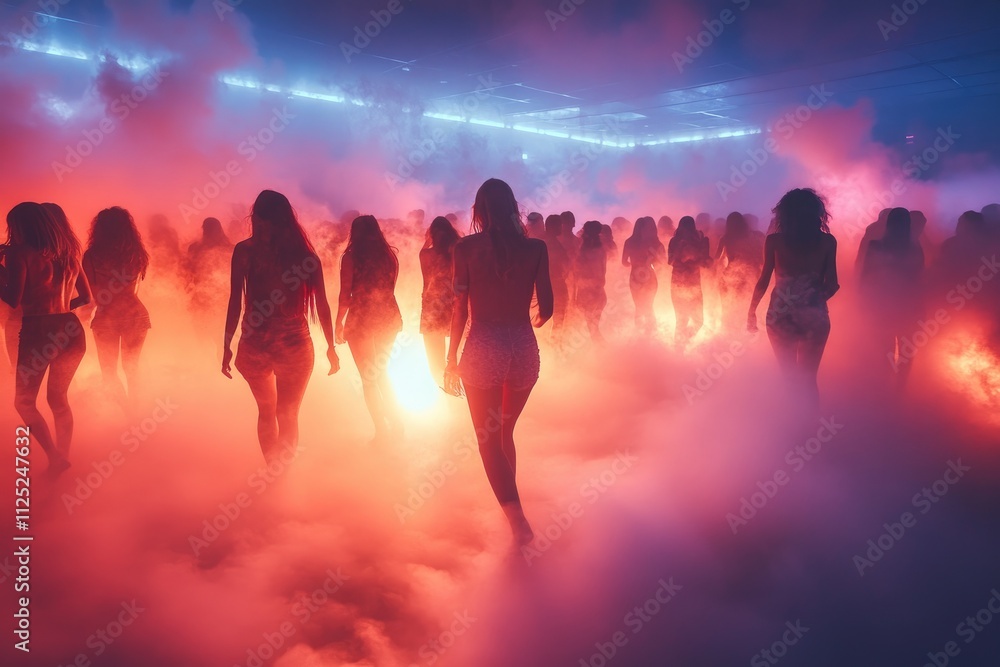 Partygoers enjoying music festival with colorful fog Partygoers enjoying music festival with colorful fog