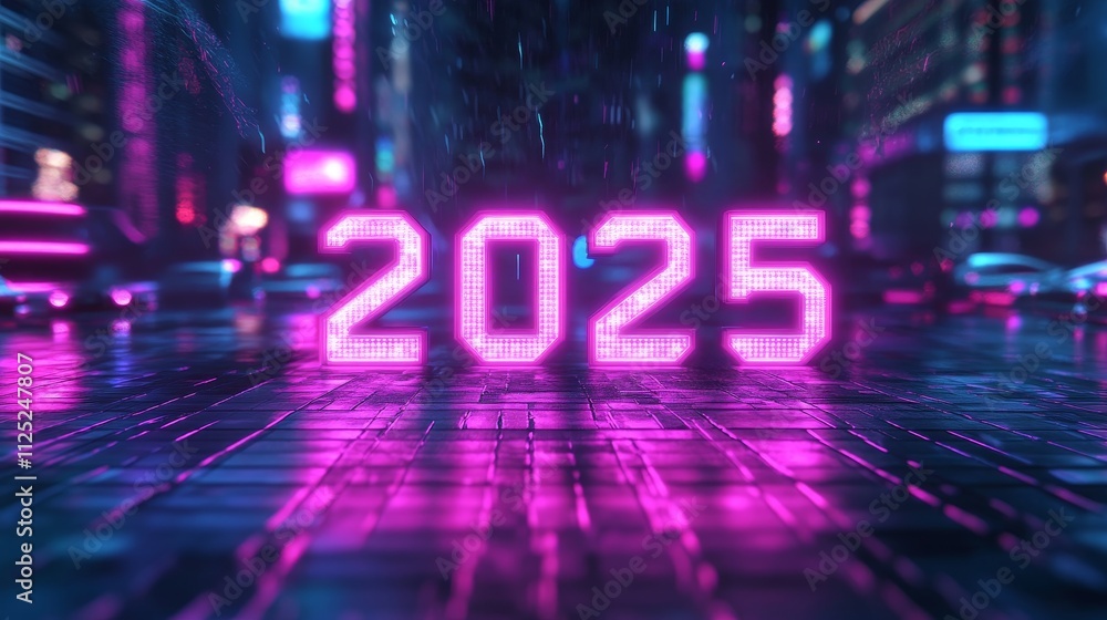 Naklejka premium Neon City 2025 - Futuristic city at night, vibrant neon lights, 2025 digital display, advanced technology, progress.