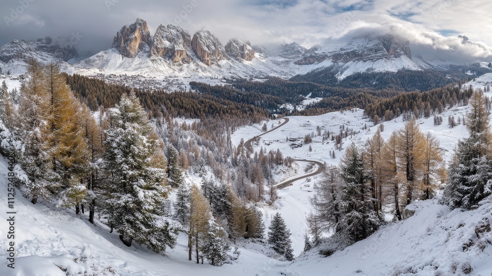 Top aerial view of snow mountain landscape with trees and road. Dolomites, Italy. Top aerial view of snow mountain landscape with trees and road. Dolomites, Italy.