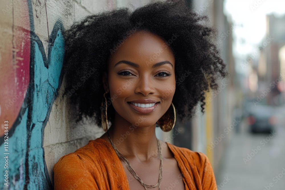 Smiling young woman with afro hairstyle leaning against graffiti wall Smiling young woman with afro hairstyle leaning against graffiti wall