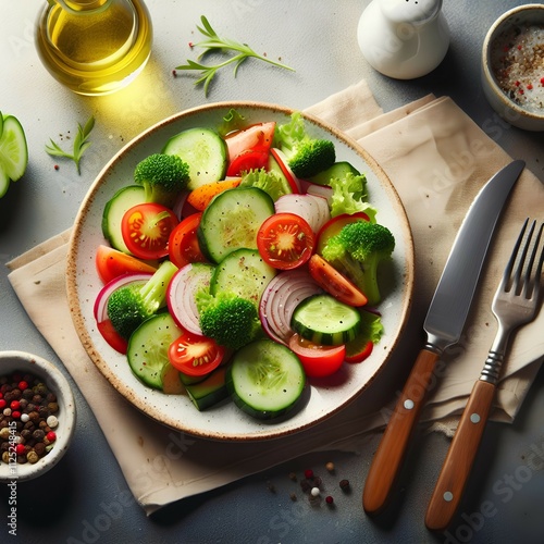 Fresh vegetable salad, ceramic plate, wooden cutting board, olive oil bottle, salt shaker, peppercorns, knife and fork, cucumbers, tomatoes, red onions, vibrant colors, healthy eating