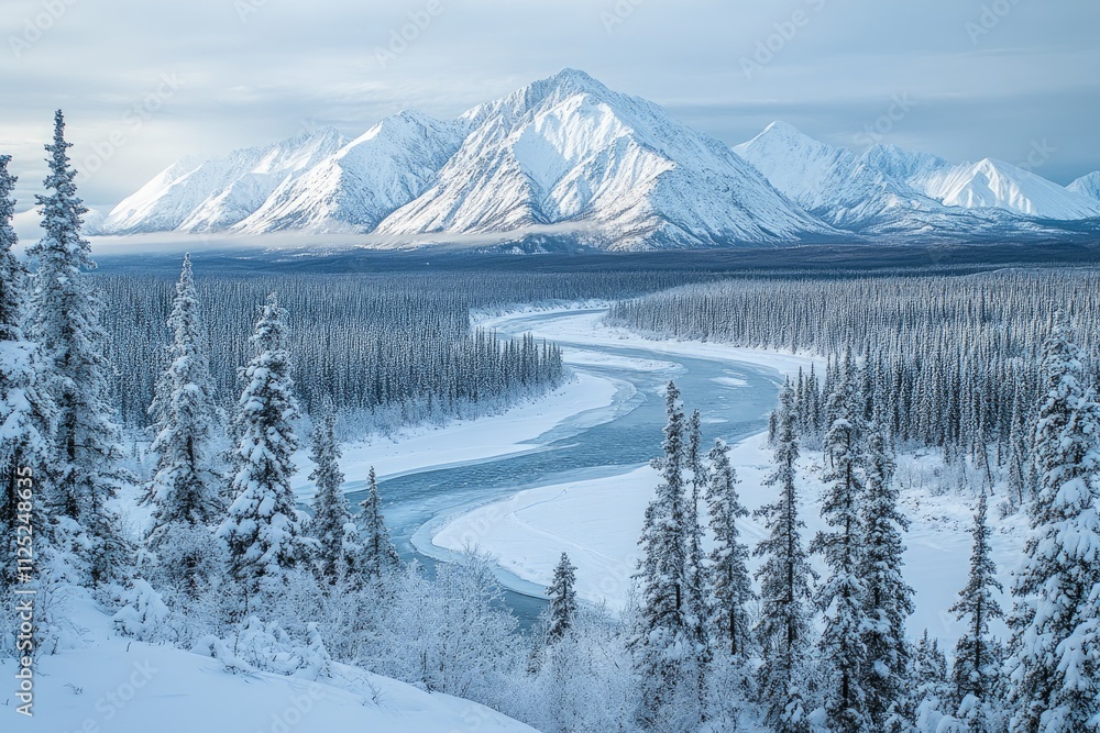 Nenana river winding through snow-covered alaskan wilderness in winter Nenana river winding through snow-covered alaskan wilderness in winter