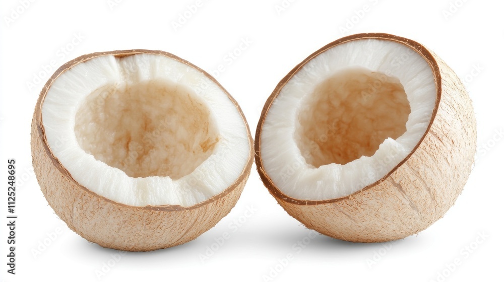 Two halves of a coconut shell showing white flesh inside Two halves of a coconut shell showing white flesh inside