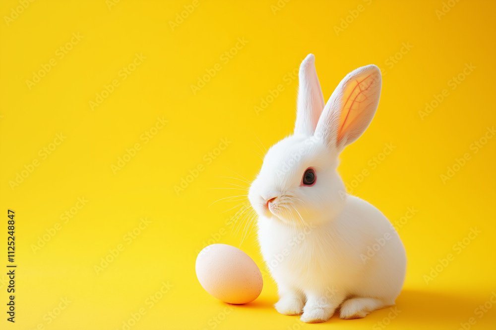 Cute white rabbit sits beside an egg on a bright yellow background for a joyful spring celebration Cute white rabbit sits beside an egg on a bright yellow background for a joyful spring celebration