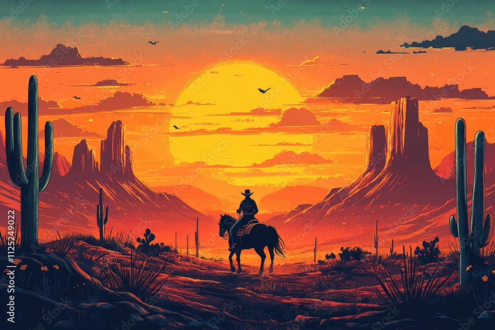 Fototapeta premium Cowboy riding horse in monument valley at sunset