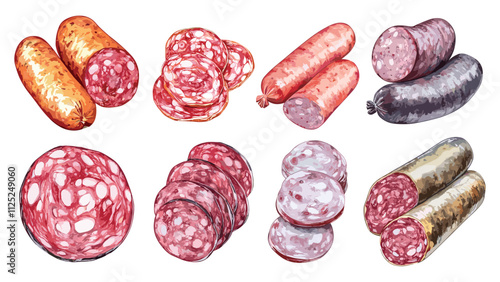 Slices Of Different Types Of Sausage And Baliky Meat Watercolor Set Modern Technique On White Unique Artwork Creative Design Sausage Slices Illustrations Decorative Elements