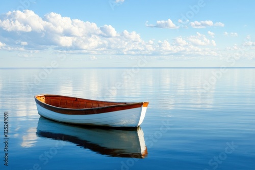 A solitary boat gently drifts on still water, reflecting a clear blue sky filled with soft, fluffy clouds and offering ample space for text. Generative AI