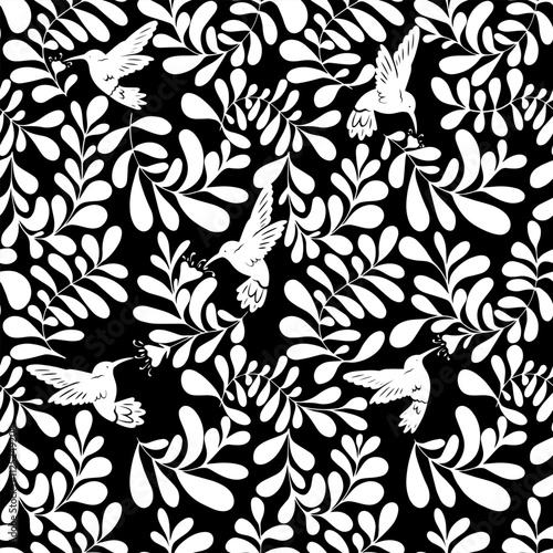 Seamless pattern with leaves, flowers and small birds. Spring pattern