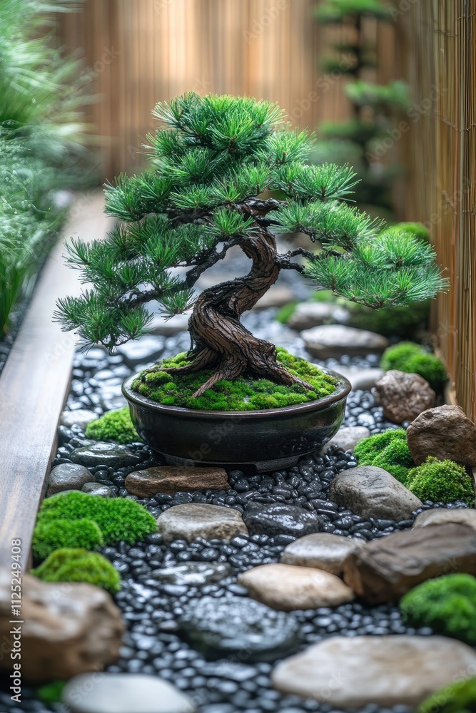 Small bonsai tree growing in a rock garden with moss and pebbles Small bonsai tree growing in a rock garden with moss and pebbles
