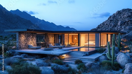 Modern desert home with pool and mountain view at dusk photo