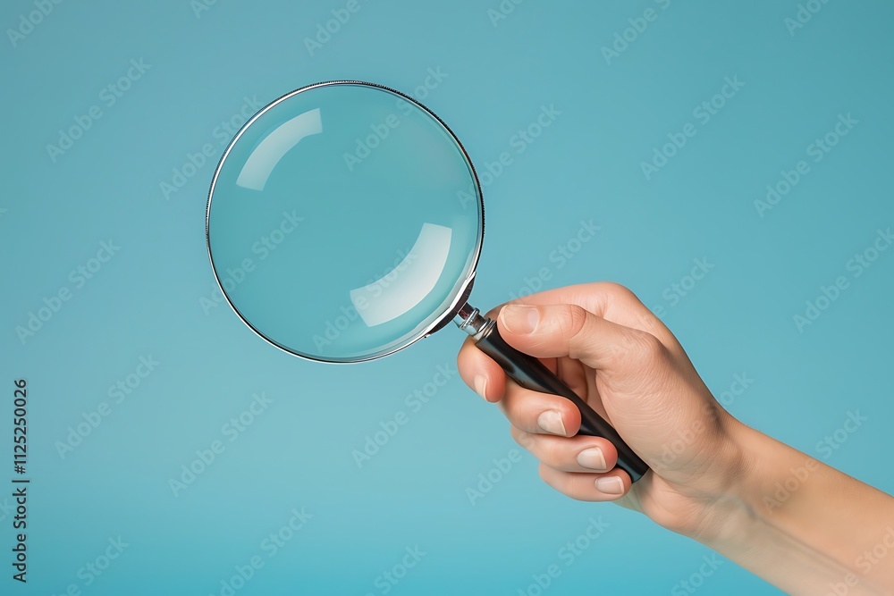 Magnifying glass in hand on blue background. Magnifying glass in hand on blue background.