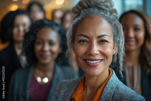 Smiling senior businesswoman leading her team in office