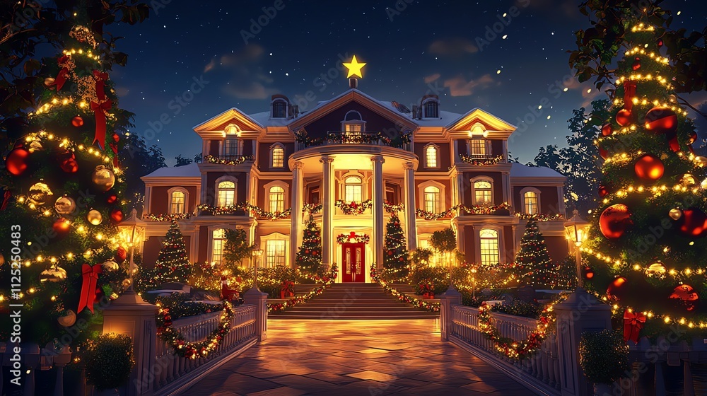 Elegant Christmas Mansion with Festive Lights and Decorations at Night Elegant Christmas Mansion with Festive Lights and Decorations at Night