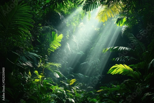 Sunbeams filtering through lush green jungle canopy