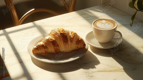A golden croissant paired with a frothy cappuccino, placed on a table with sunlight and window shadows
