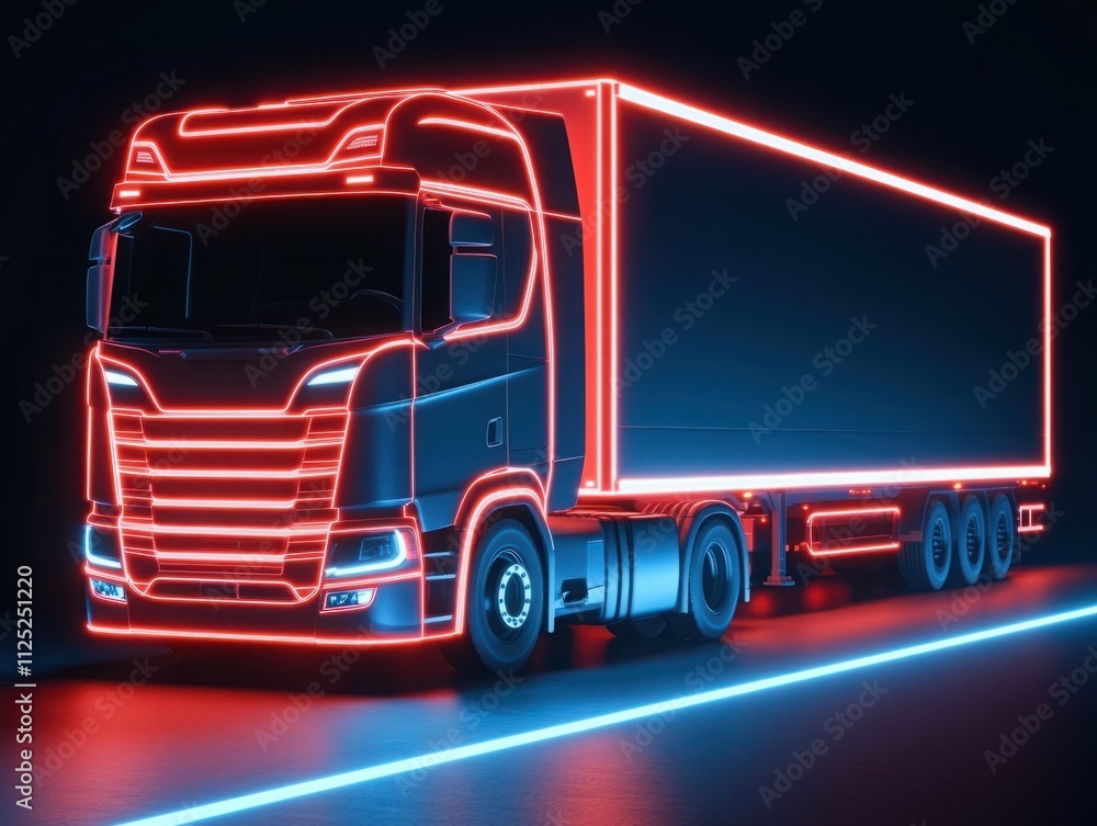 Futuristic Neon Truck on a Dark Road with Glowing Lines, Symbolizing Modern Transportation and Innovation in Logistics Sector Futuristic Neon Truck on a Dark Road with Glowing Lines, Symbolizing Modern Transportation and Innovation in Logistics Sector